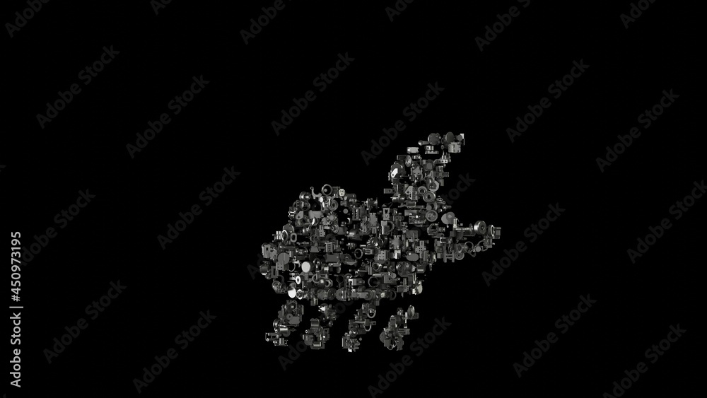 3d rendering mechanical parts in shape of symbol of rainy cloud moon isolated on black background