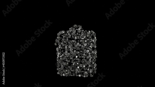 3d rendering mechanical parts in shape of symbol of clipboard isolated on black background
