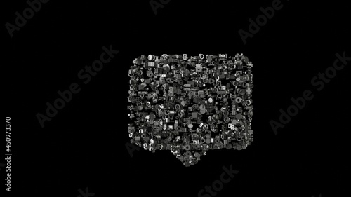 3d rendering mechanical parts in shape of symbol of rectangular chat bubble isolated on black background