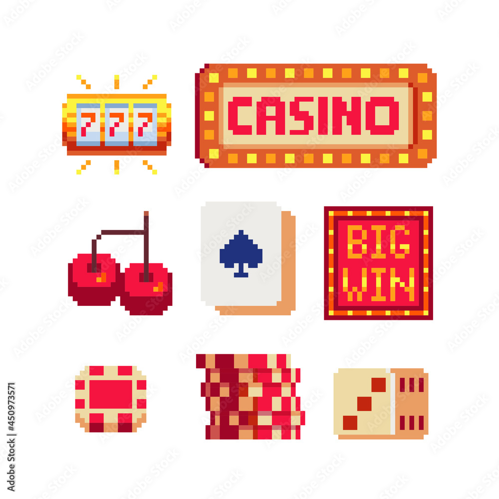 Board game pixel art 80s style icons set casino, poker, playing cards ...