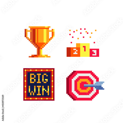 Pixel art icons set. Big Win, winning gold cup, winners podium. Golden crown, medal and coin. 777 slot machine. Casino vegas game. Flat style. Isolated abstract vector illustration. 8-bit.