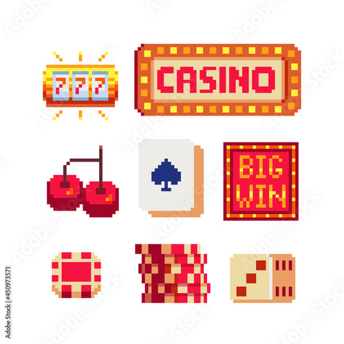 Board game pixel art 80s style icons set casino, poker, playing cards, slots and roulette isolated vector illustration. Design for logo, sticker, app. Game assets 8-bit sprite sheet.