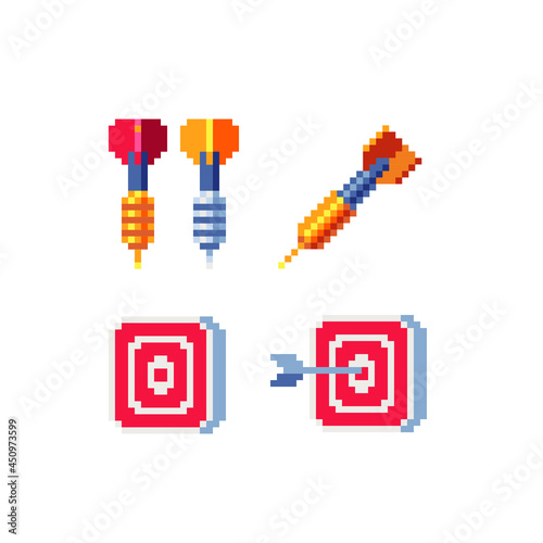 Target and arrow, Darts. Advertise icon. Pixel art style. Goal setting. Achievement and success. 8-bit sprite. Isolated abstract vector illustration. Design for app, logo and sticker.