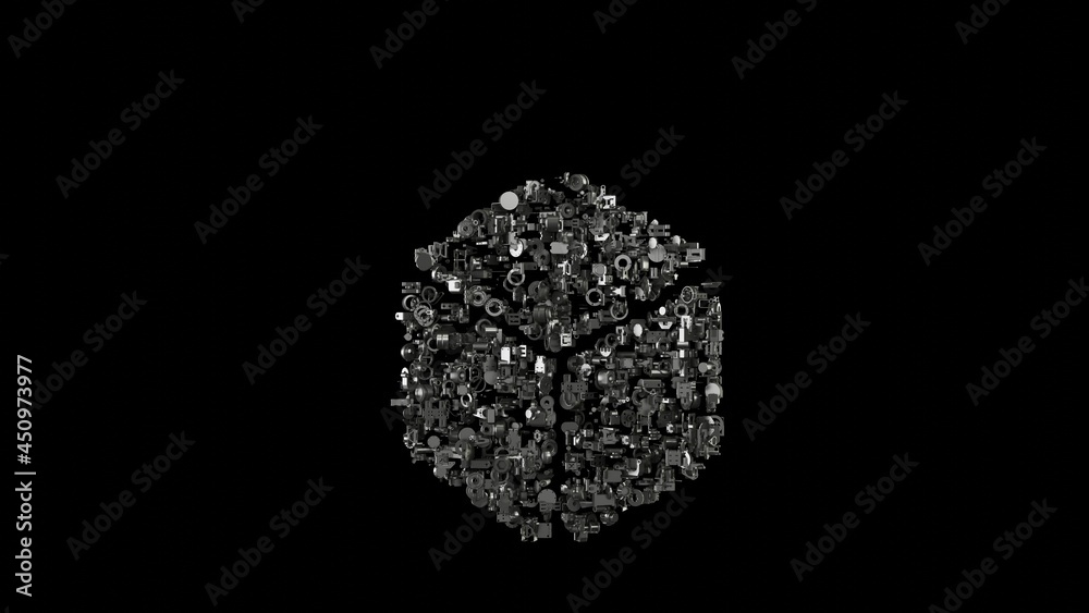 3d rendering mechanical parts in shape of symbol of dice isolated on black background