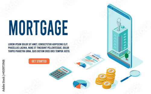 Flat tiny building purchase debt person's, House Loan, Rent, Real Estate Agent and Mortgage concept. Flat Isometric Vector Illustration Eps 10.