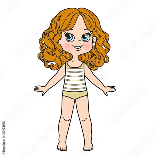 Cute cartoon girl with curly hair with large curls dressed in underwear and barefoot color variation on a white background