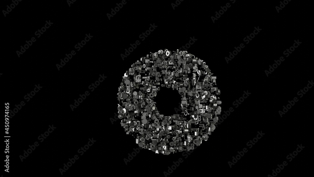3d rendering mechanical parts in shape of symbol of dot circle isolated on black background