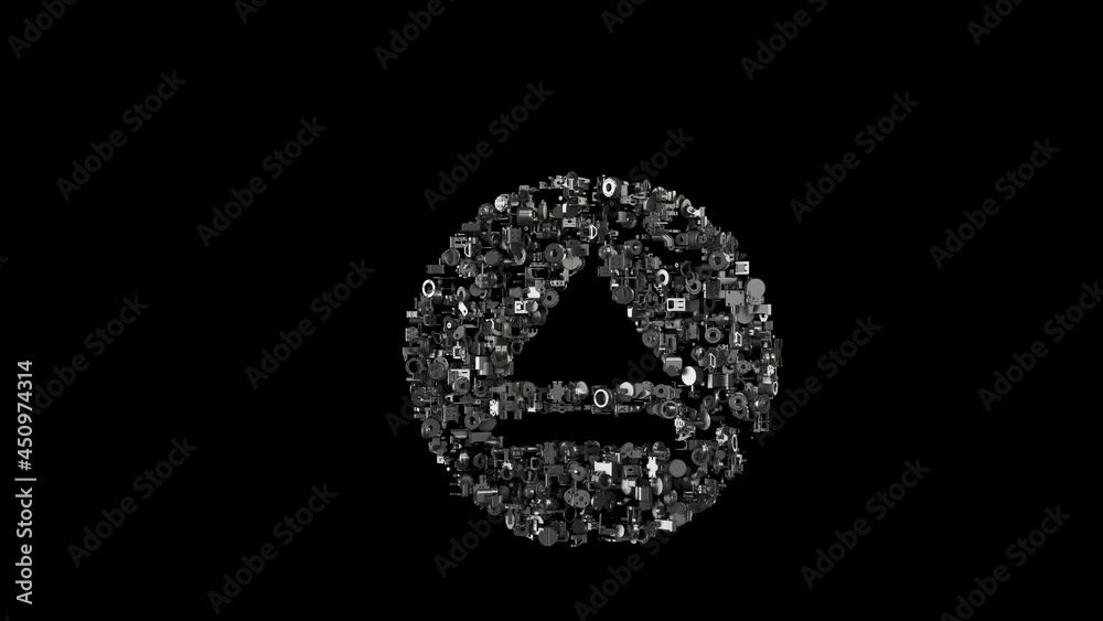 3d rendering mechanical parts in shape of symbol of eject isolated on black background