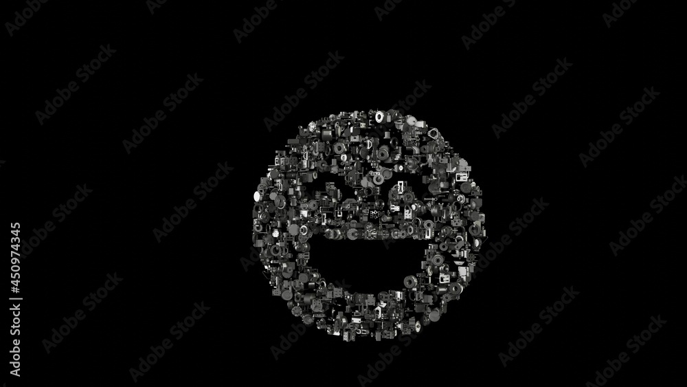 3d rendering mechanical parts in shape of symbol of emoticons goofy isolated on black background