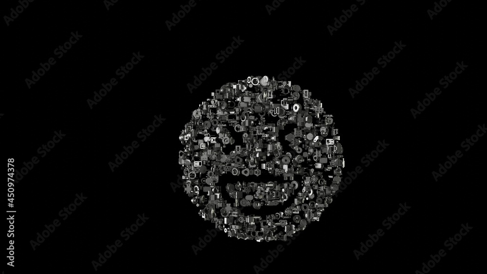 3d rendering mechanical parts in shape of symbol of emoticons laughing isolated on black background