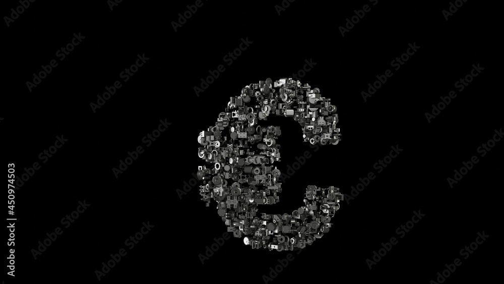 3d rendering mechanical parts in shape of symbol of euro isolated on black background