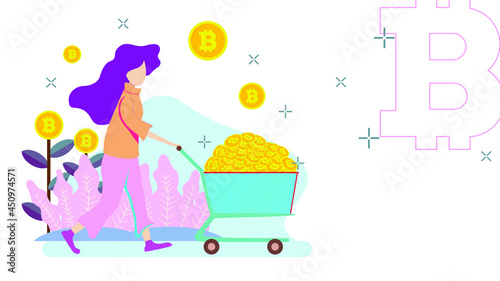 Flat illustration cryptocurrency. Bitcoin going to the moon. FOMO. Pump and dump. HODL. Blockchain vector illustration. Business. Perfect for web design, banner, social media, brochure, presentation.