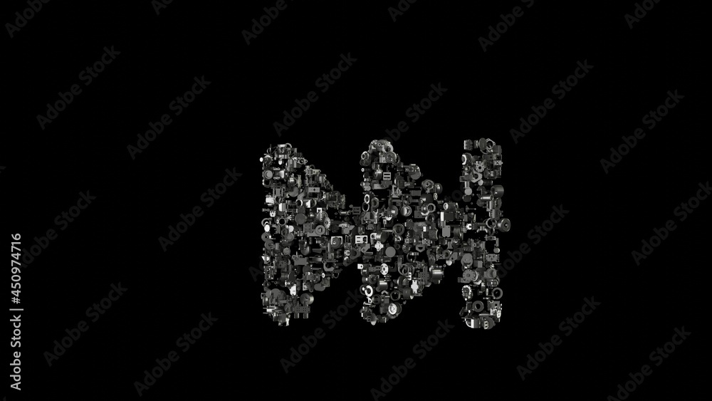 3d rendering mechanical parts in shape of symbol of fast forward isolated on black background