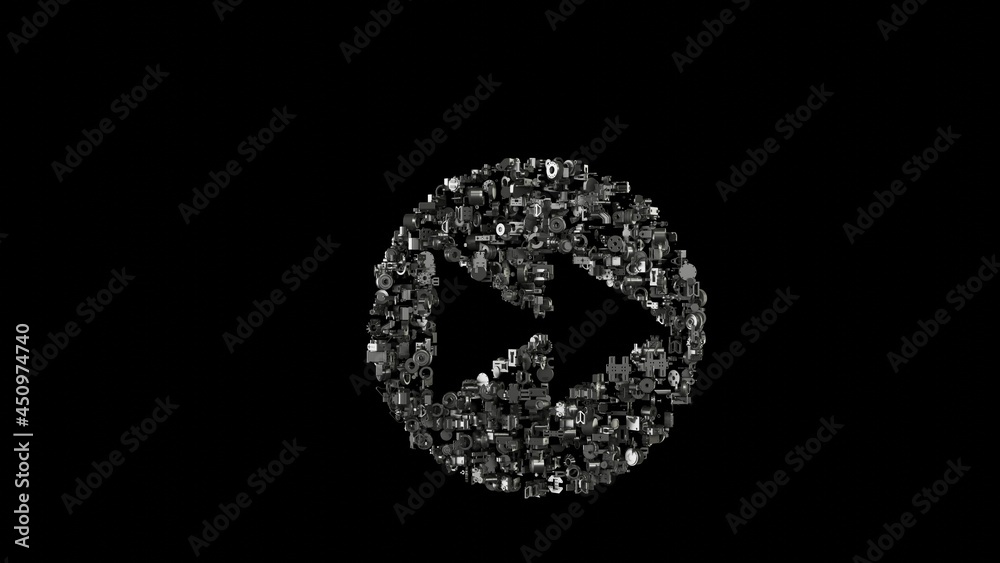 3d rendering mechanical parts in shape of symbol of fast forward isolated on black background 3d rendering mechanical parts in shape of symbol of fast forward isolated on black background