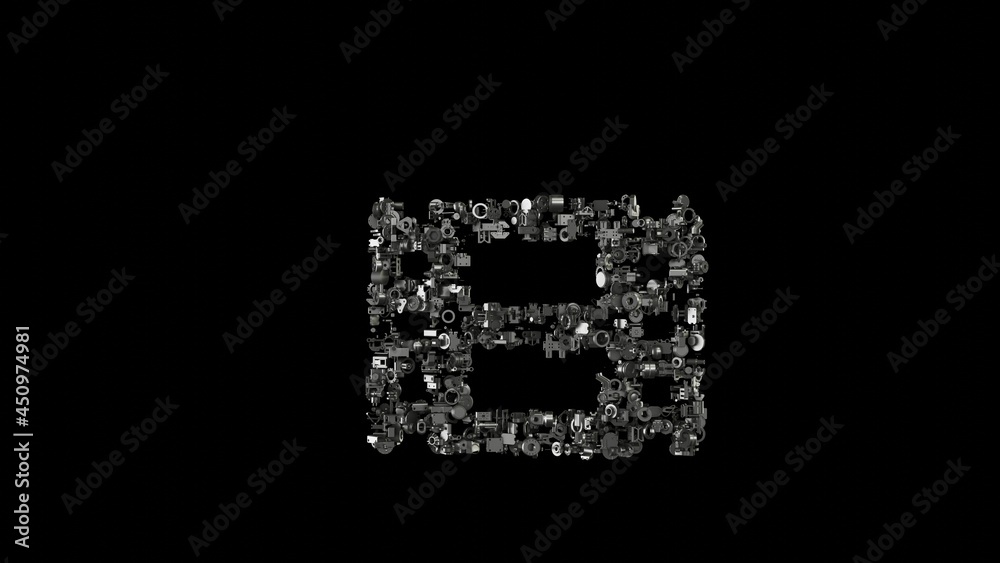 3d rendering mechanical parts in shape of symbol of film isolated on black background