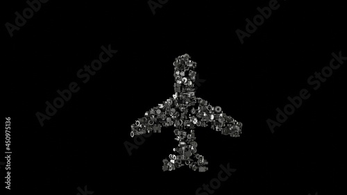 3d rendering mechanical parts in shape of symbol of flight isolated on black background
