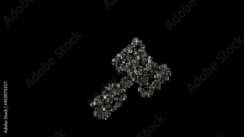 3d rendering mechanical parts in shape of symbol of gavel isolated on black background