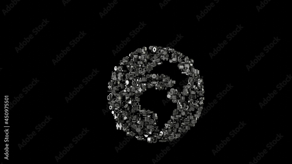3d rendering mechanical parts in shape of symbol of globe Africa isolated on black background