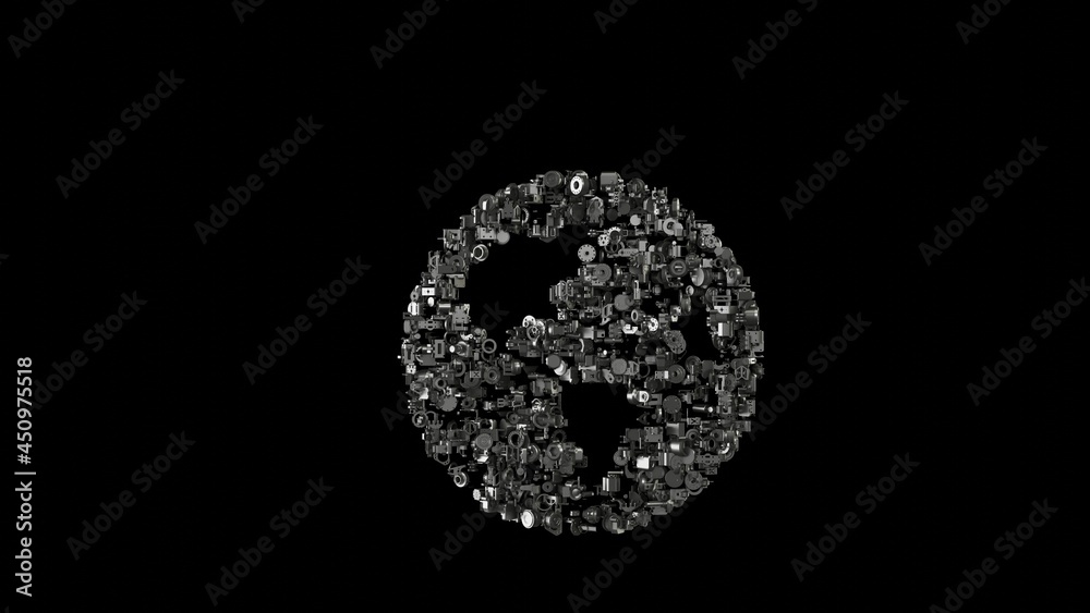 3d rendering mechanical parts in shape of symbol of globe Americas isolated on black background