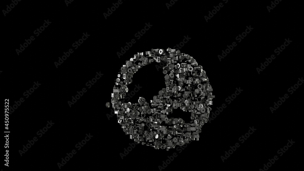3d rendering mechanical parts in shape of symbol of globe Asia isolated on black background