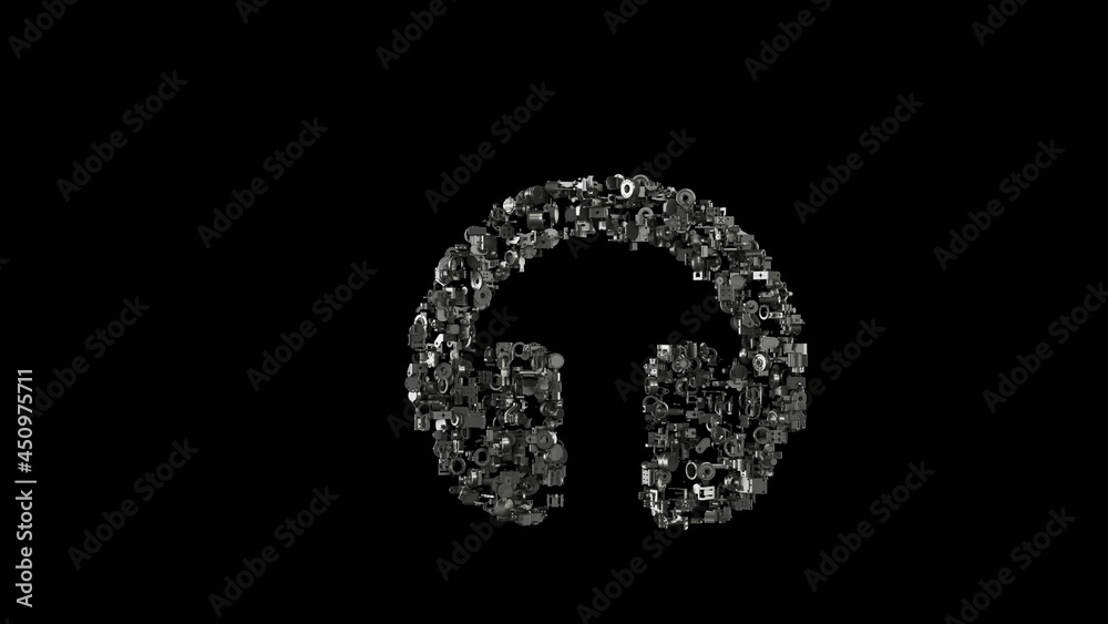 3d rendering mechanical parts in shape of symbol of headphones isolated on black background