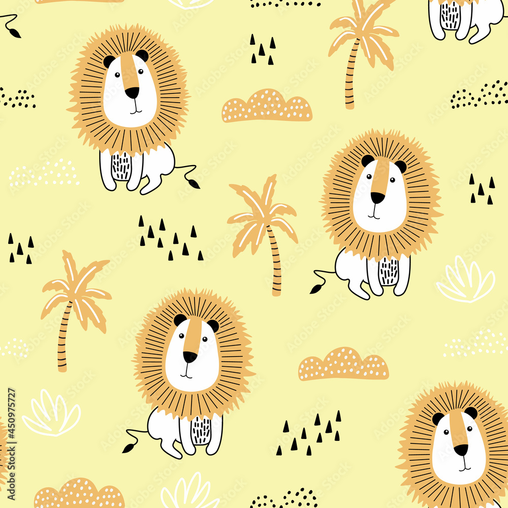 Seamless pattern with hand drawn lions