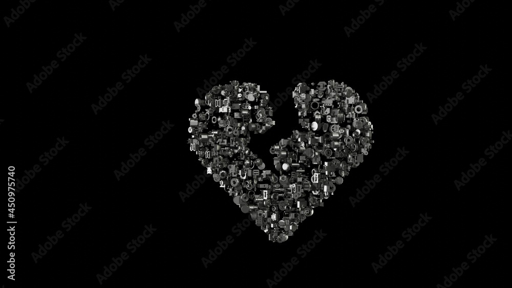3d rendering mechanical parts in shape of symbol of heart broken isolated on black background 3d rendering mechanical parts in shape of symbol of heart broken isolated on black background