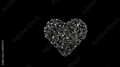 3d rendering mechanical parts in shape of symbol of heart isolated on black background