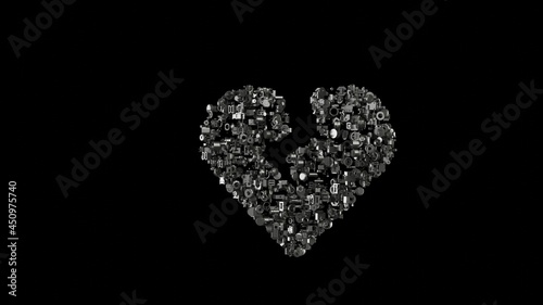 3d rendering mechanical parts in shape of symbol of heart broken isolated on black background