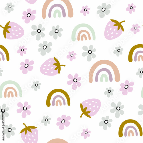 Childish seamless vector pattern with cute rainbows, strawberry in Scandinavian style
