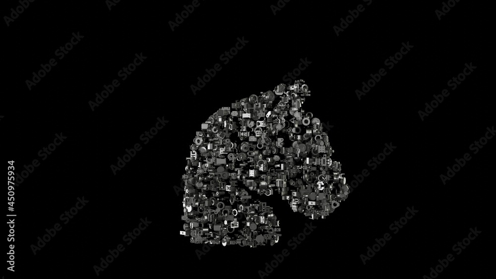 3d rendering mechanical parts in shape of symbol of horse head isolated on black background