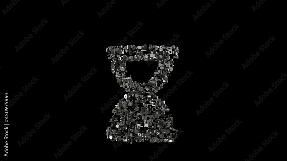3d rendering mechanical parts in shape of symbol of hourglass end isolated on black background