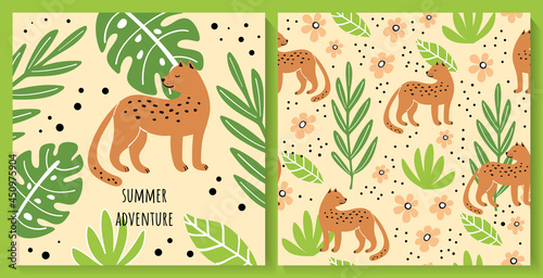 Illustration and seamless pattern with cute summer leaves and leopard