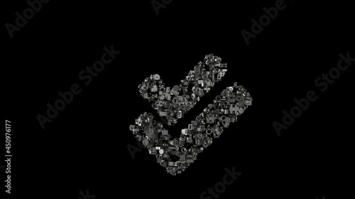 3d rendering mechanical parts in shape of symbol of check double isolated on black background