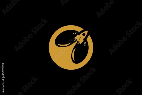 Rocket logo design. Blue planet sign symbol. Rocket launching icon vector. 