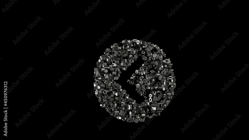 3d rendering mechanical parts in shape of symbol of chevron circle left isolated on black background