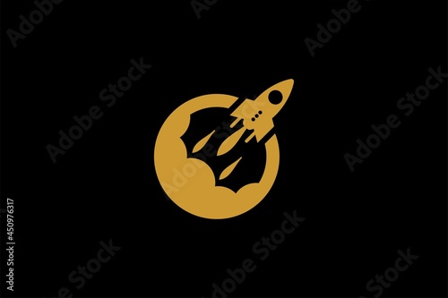 Rocket logo design. Blue planet sign symbol. Rocket launching icon vector. 