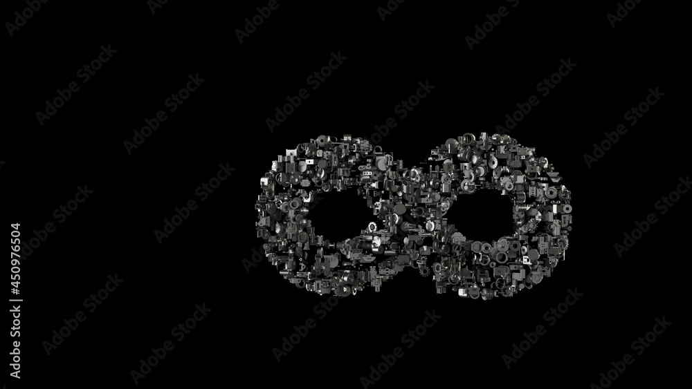 3d rendering mechanical parts in shape of symbol of infinity isolated on black background