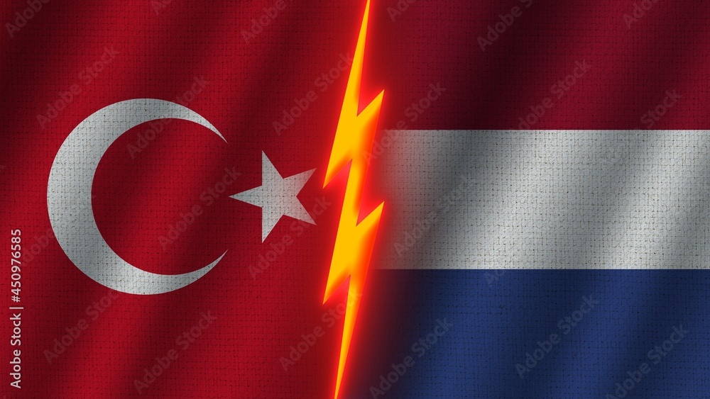 Obraz premium Netherlands and Turkey Flags Together, Wavy Fabric Texture Effect, Neon Glow Effect, Shining Thunder Icon, Crisis Concept, 3D Illustration