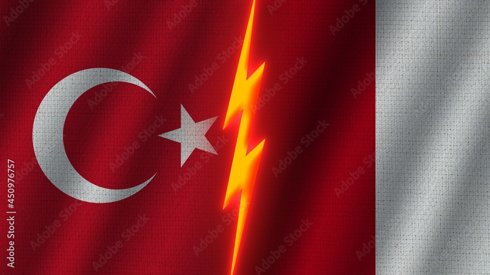 Obraz premium Peru and Turkey Flags Together, Wavy Fabric Texture Effect, Neon Glow Effect, Shining Thunder Icon, Crisis Concept, 3D Illustration