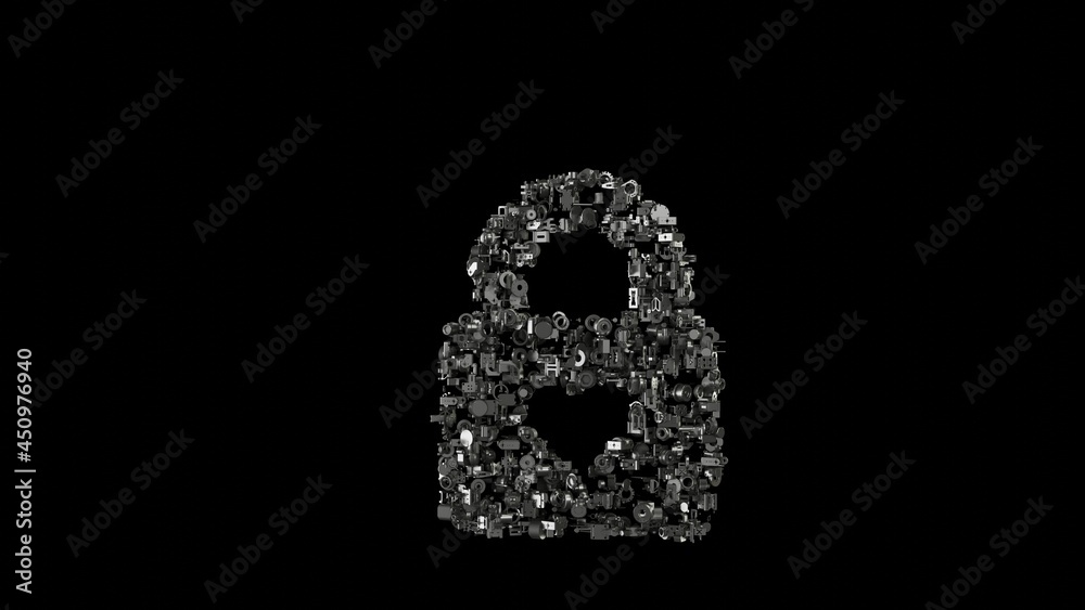 3d rendering mechanical parts in shape of symbol of lock isolated on black background