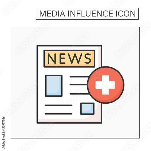 Healthcare news color icon. Newspaper front page with medical cross. Public health awareness covid epidemic situation information concept. Isolated vector illustration