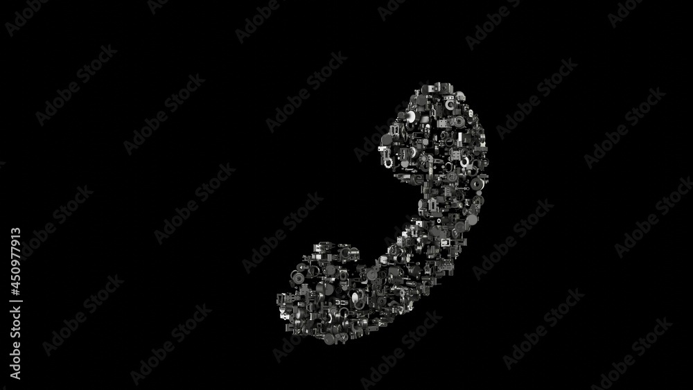3d rendering mechanical parts in shape of symbol of phone isolated on black background