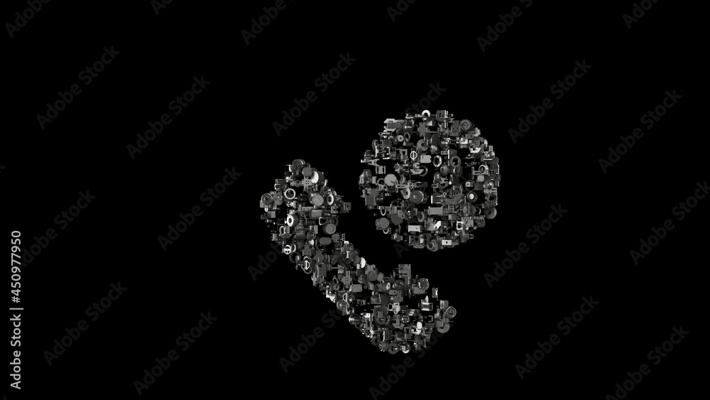 3d rendering mechanical parts in shape of symbol of phone call isolated on black background