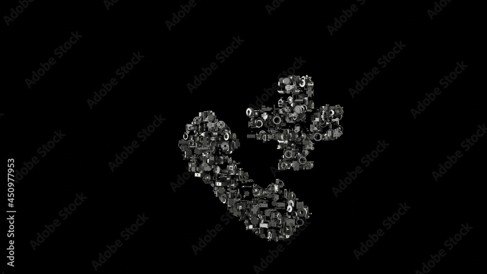 3d rendering mechanical parts in shape of symbol of phone call isolated on black background