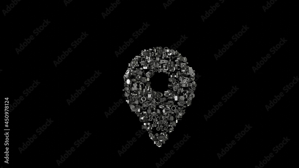 3d rendering mechanical parts in shape of symbol of placeholder isolated on black background