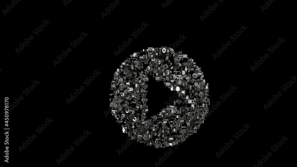 3d rendering mechanical parts in shape of symbol of play button isolated on black background