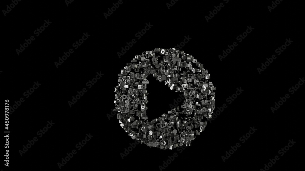 3d rendering mechanical parts in shape of symbol of play circle isolated on black background