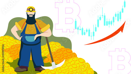 Flat illustration cryptocurrency. Bitcoin mining. BTC to the moon.  FOMO. Pump and dump. HODL. Crypto miners vector. Business. Perfect for web design, banner, social media, brochure, UI, presentation.