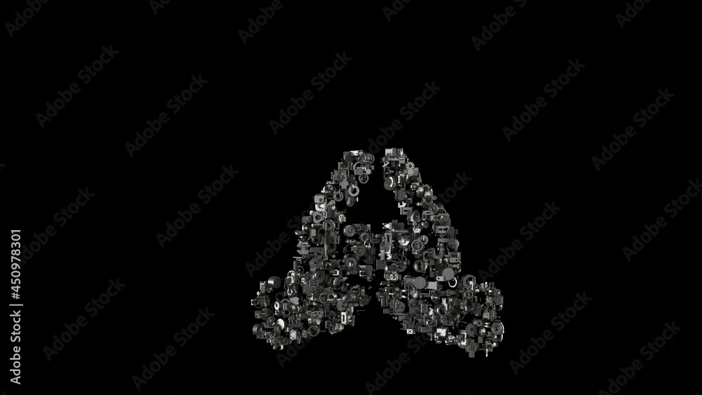 3d rendering mechanical parts in shape of symbol of praying hands isolated on black background
